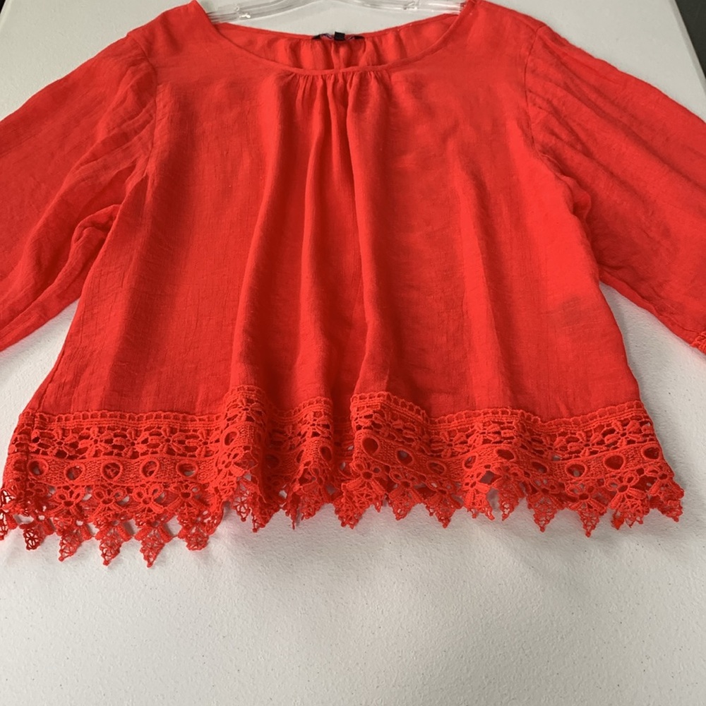 Crocheted Detail Semi Sheer Peasant Prairie Blouse Sz L Orange Red Loose Fit